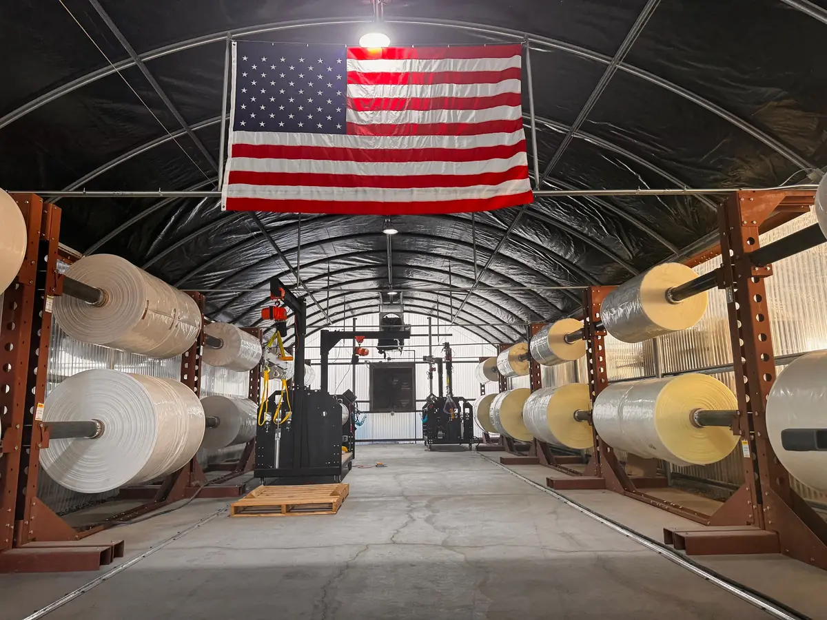 Greenhouse film master rolls and cutting equipment at the Camarillo material yard.