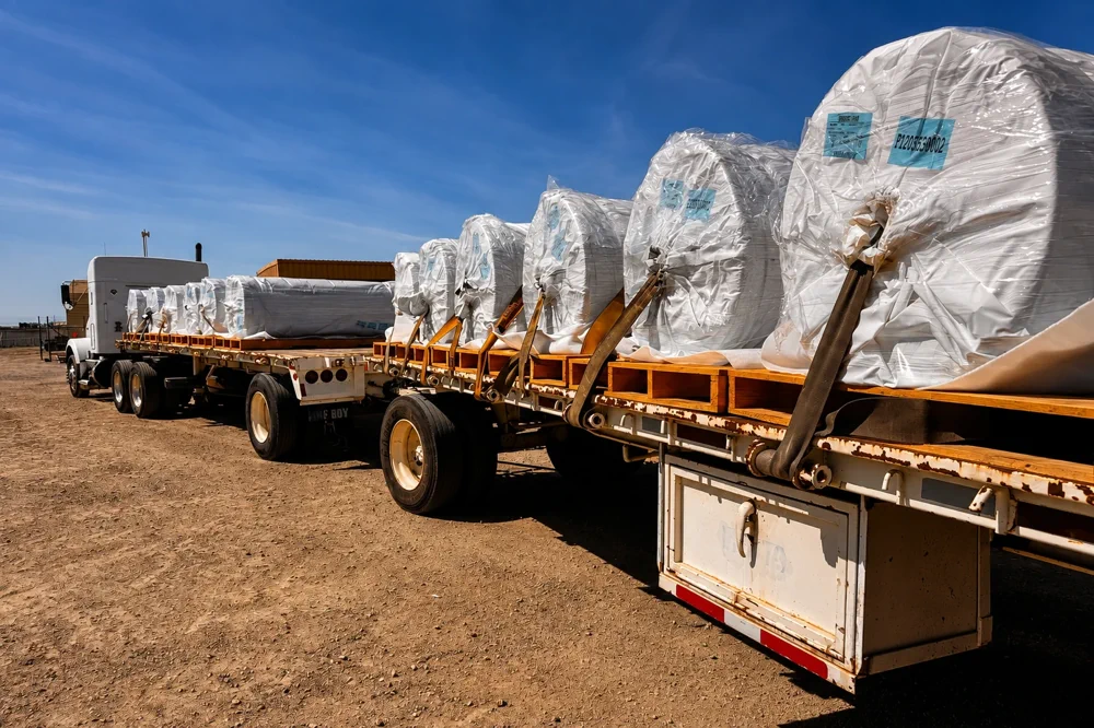 Flatbed truck carrying greenhouse film master rolls at Ferrari Metals
