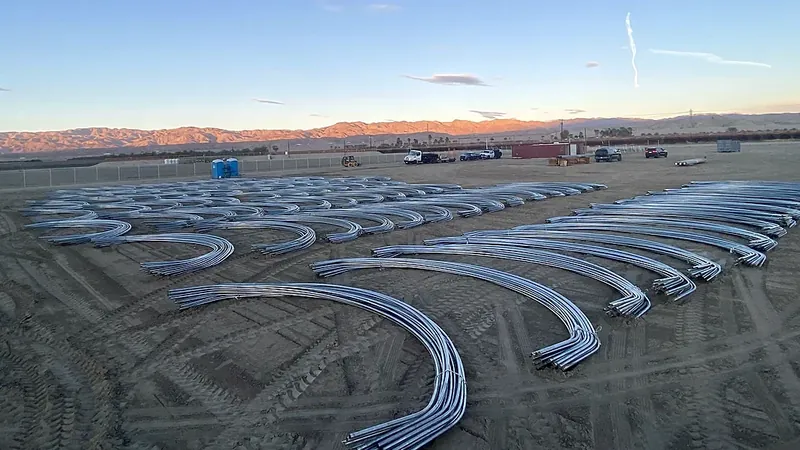 Multiple bent hoop-house arches staged for installation at a commercial farm site